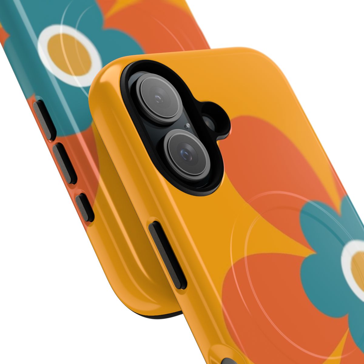 Retro 70s flower power phone case featuring a simple floral graphic in bright orange, turquoise blue, and mustard yellow. - Detail