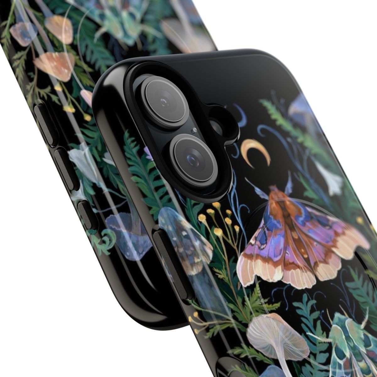 Artistic phone case featuring a sphinx moth and mushrooms in a botanical, moonlit design. - Detail