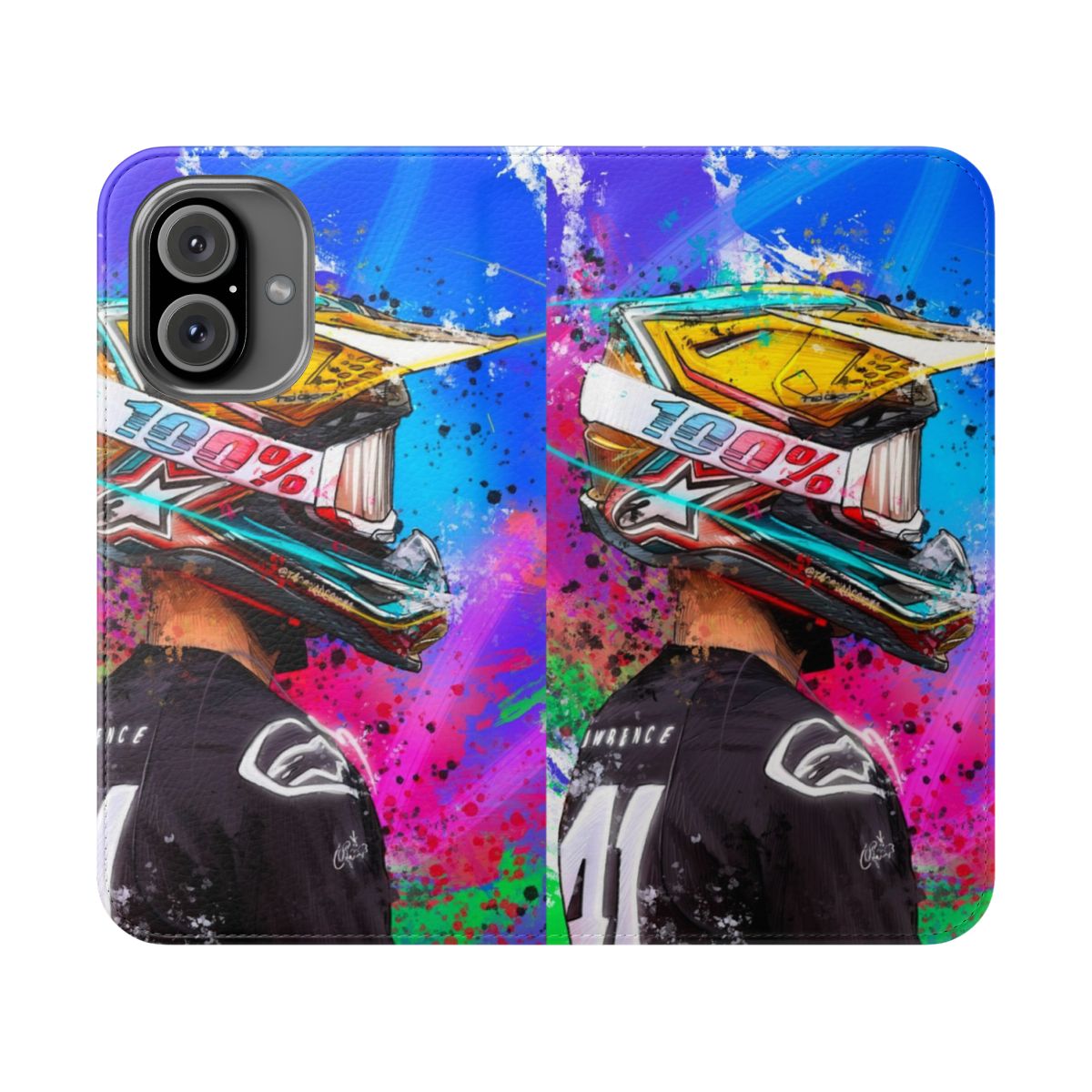 Graffiti-style phone case featuring dirt bike and motocross graphics