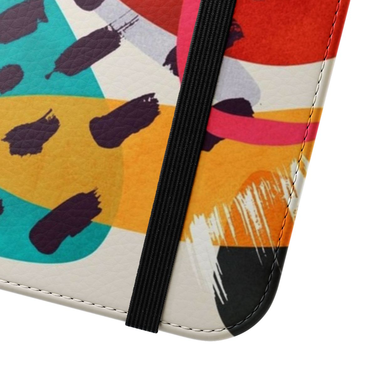 Abstract minimalist flip phone case with colorful brush strokes and overlapping shapes - Close Up