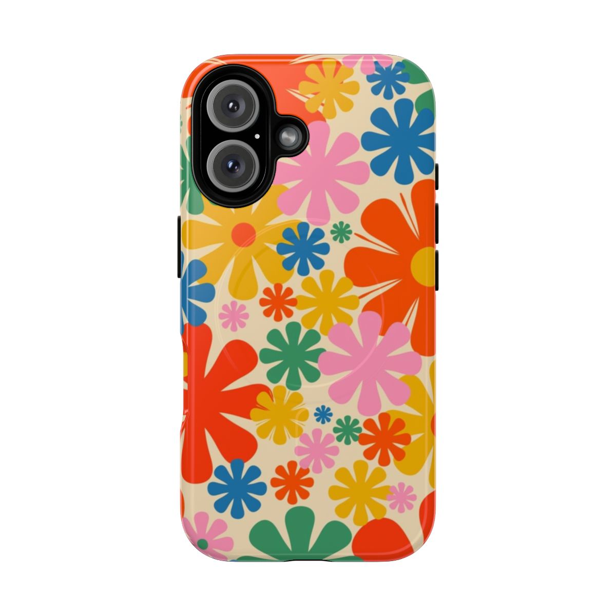 Retro floral pattern phone case in vibrant rainbow colors with a 60s 70s aesthetic