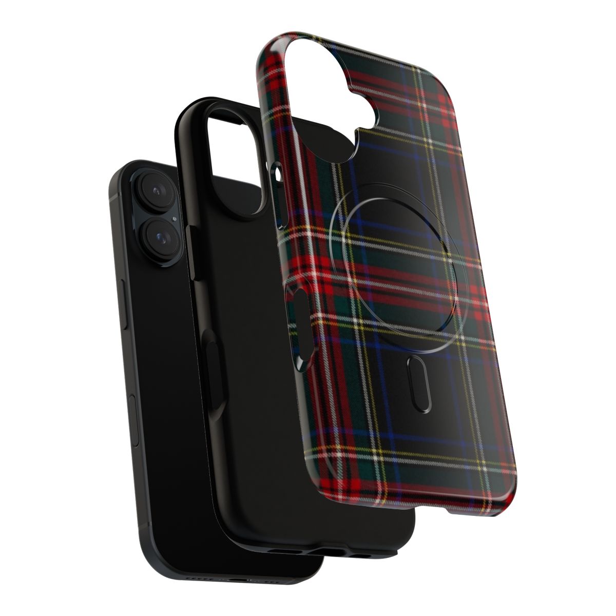 Close-up of a black phone case with a traditional Scottish tartan pattern - Layers