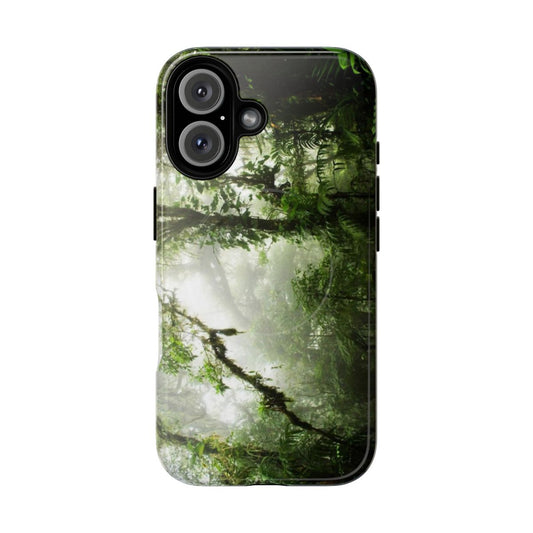 Magnetic phone case with a lush rainforest design, featuring clouds, mist, and greenery.