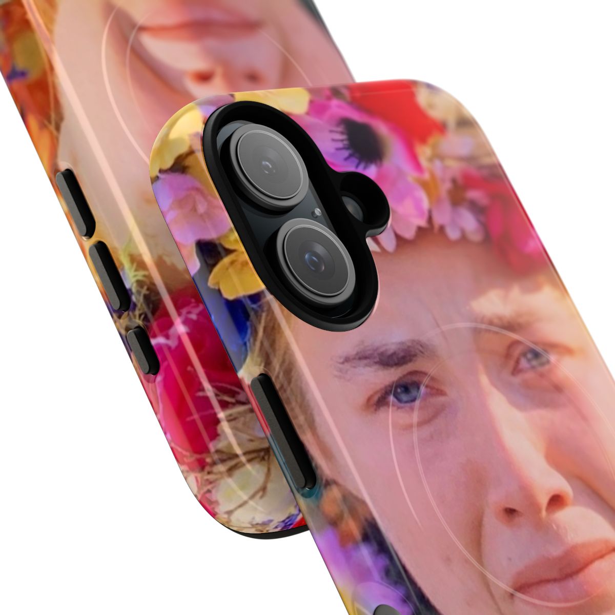 A phone case featuring the May Queen character from the horror film Midsommar, designed for fans of the movie and its star Florence Pugh. - Detail