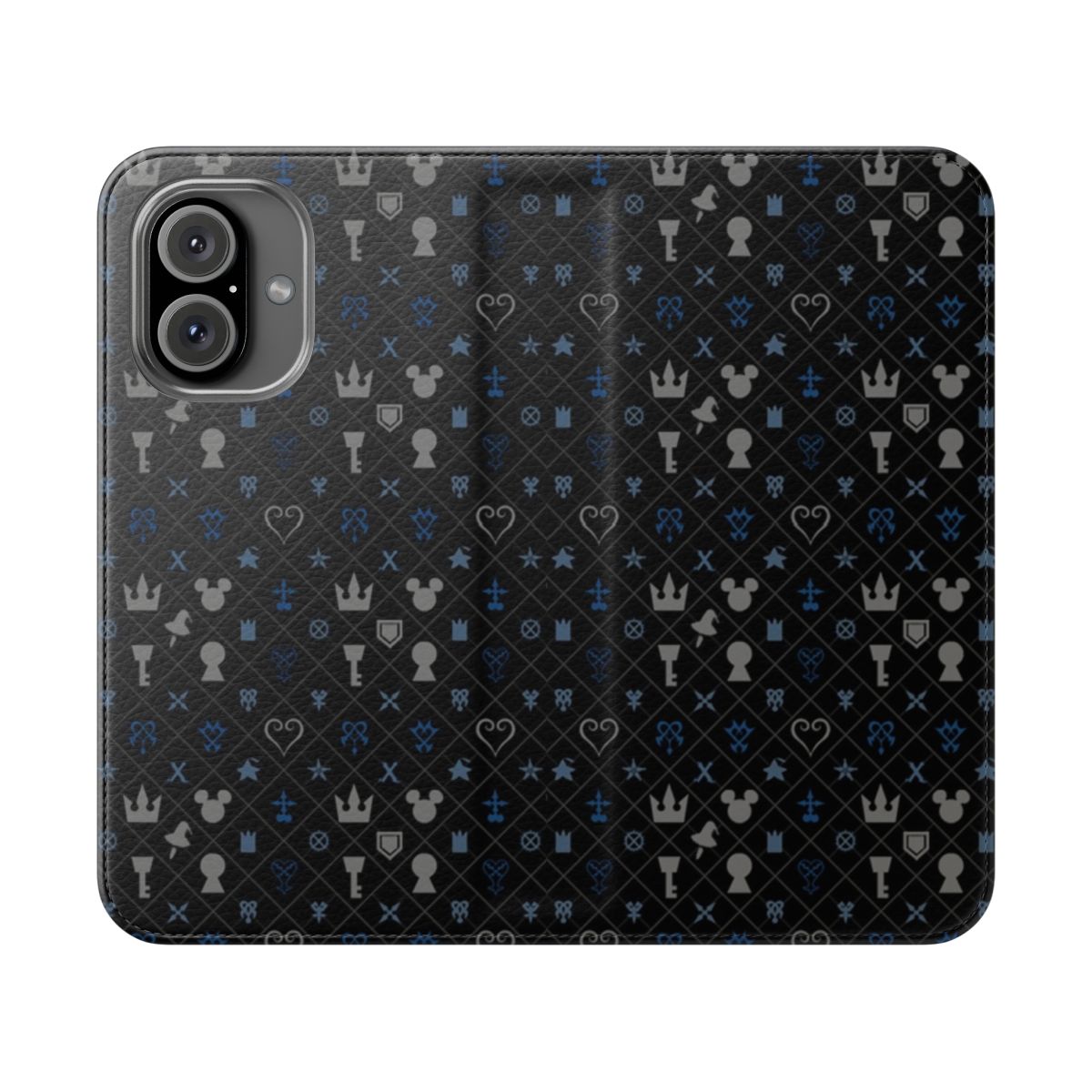 Stylish phone case with a vibrant Kingdom Hearts-inspired pattern featuring iconic Disney characters.