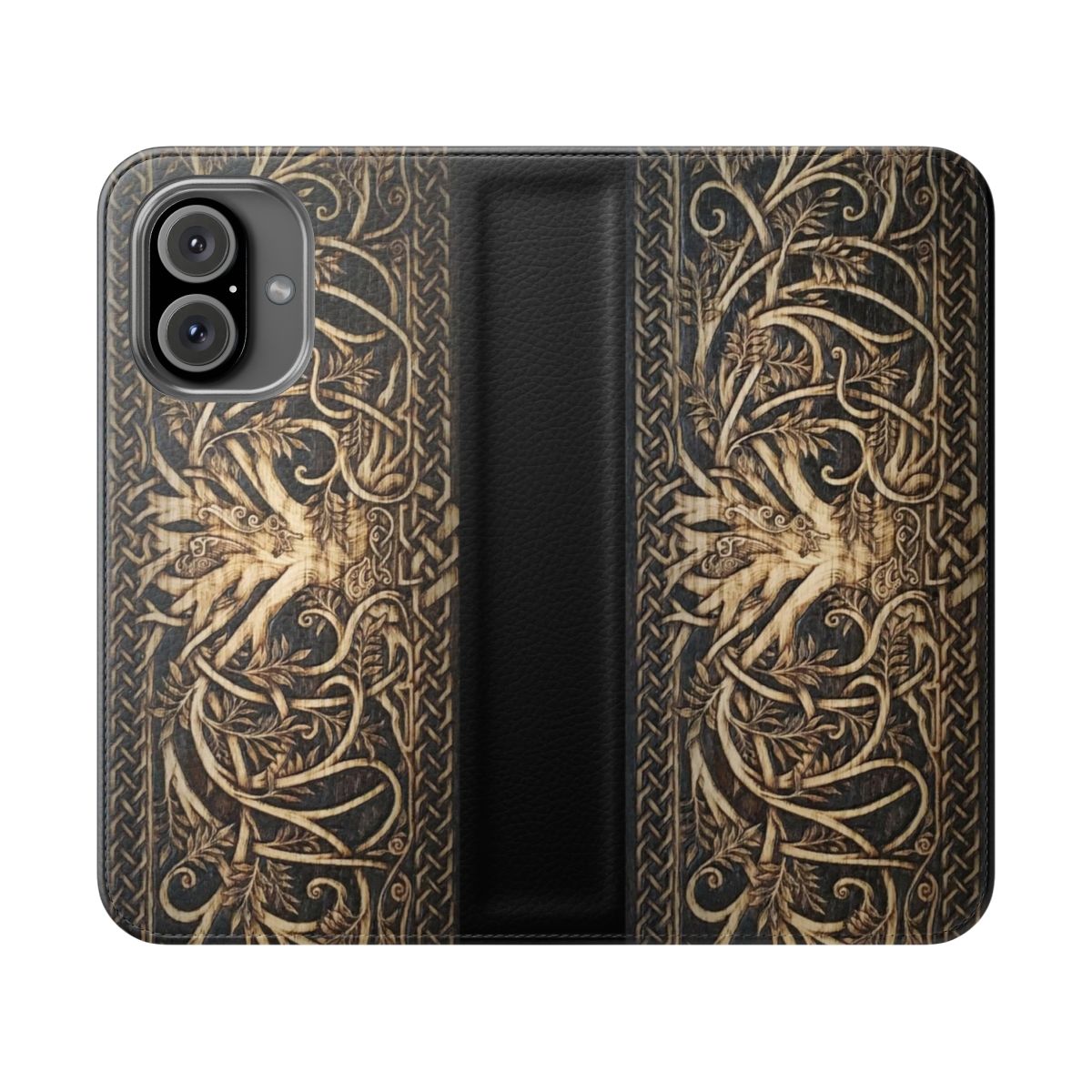 Yggdrasil-inspired flip cover phone case featuring the tree of life from Norse mythology