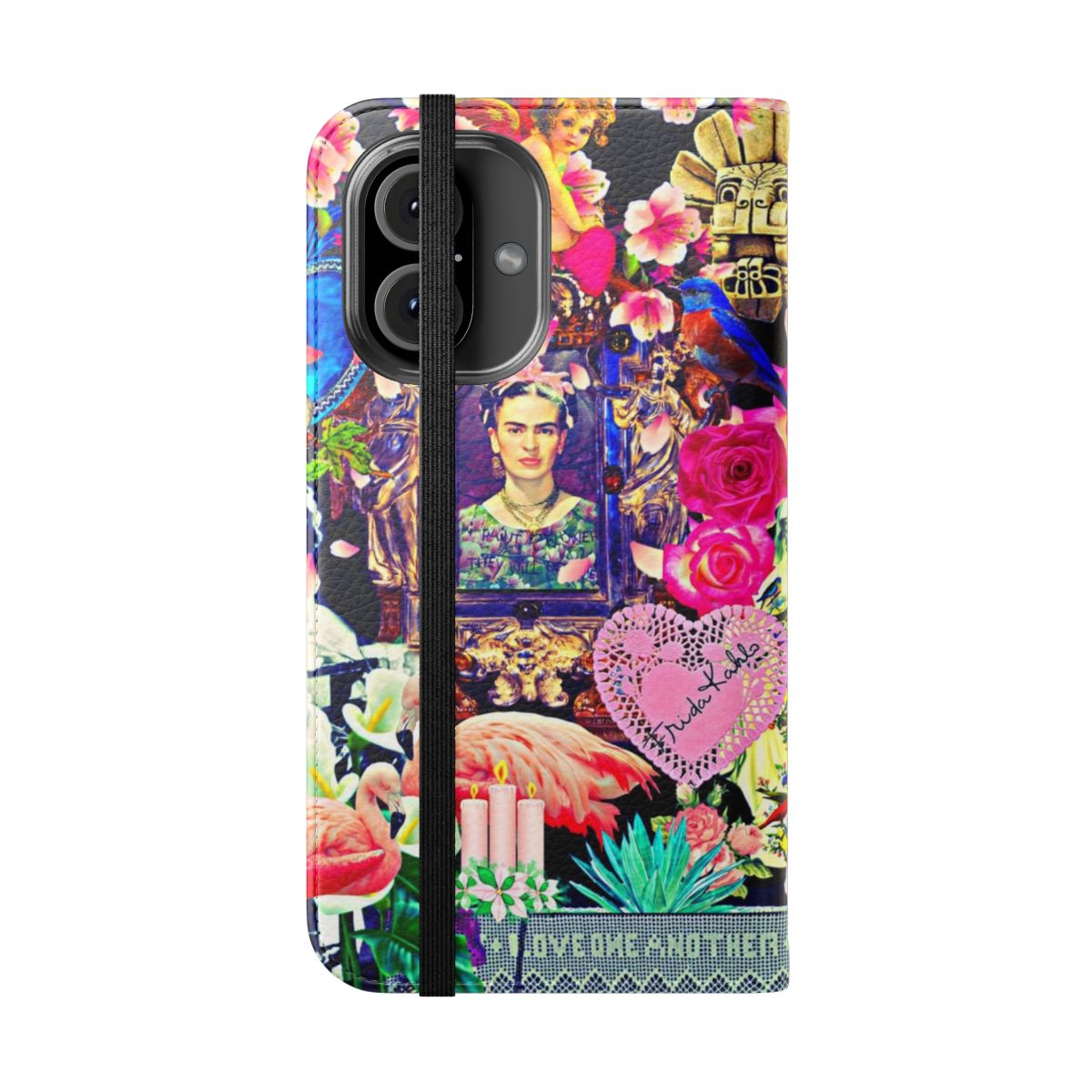 Vibrant collage phone case featuring Frida Kahlo-inspired imagery and religious Catholic iconography - Folded Front