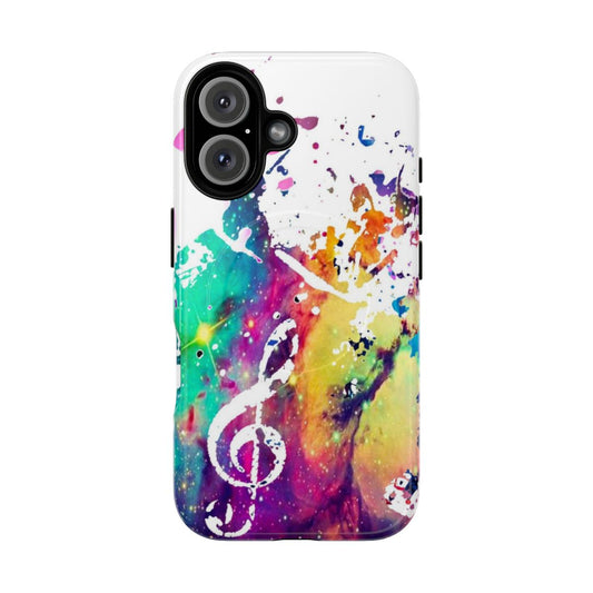 Colorful phone case with musical notes, clefs, and a starry galaxy design