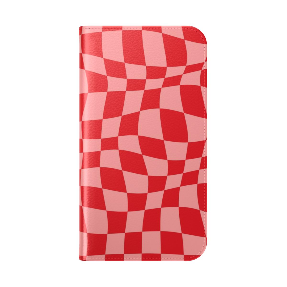 Handmade phone case with a wavy, minimalist checkered pattern in red and pink - Folded Back