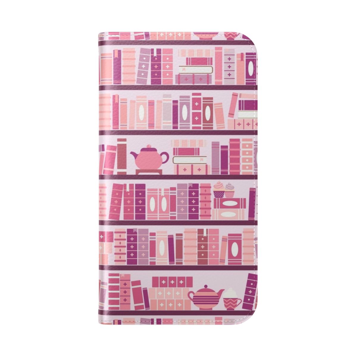 A pink and purple phone case with a cozy bookcase pattern, perfect for book lovers. - Folded Back