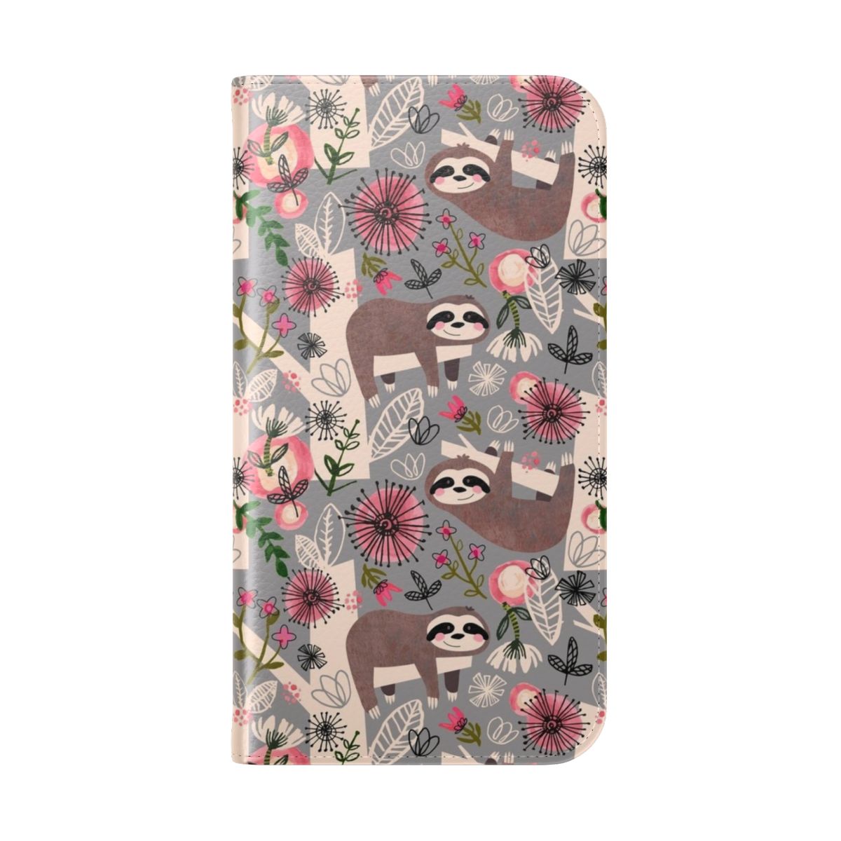 Flip cover phone case featuring a design with happy, cute sloths hanging from a tree. - Folded Back