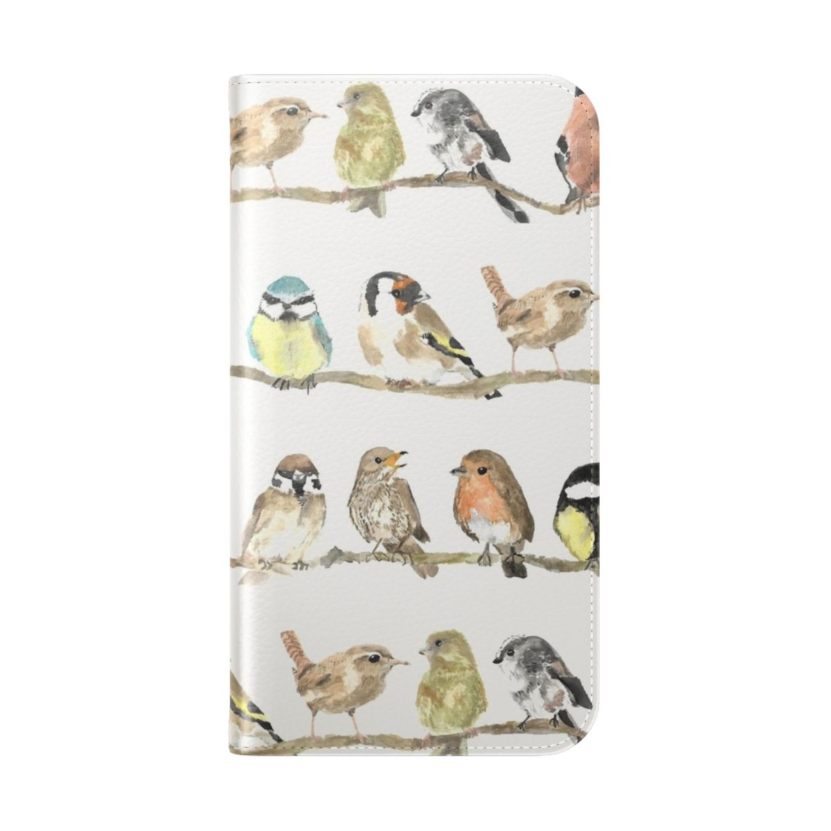 Colorful phone case featuring illustrations of robins, wrens, and other garden birds - Folded Back