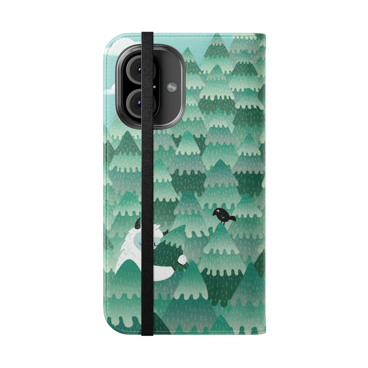 Tree Hugger Flip Cover Phone Case with a monster, yeti, or bigfoot hugging a tree in a forest or woodland setting - Folded Front