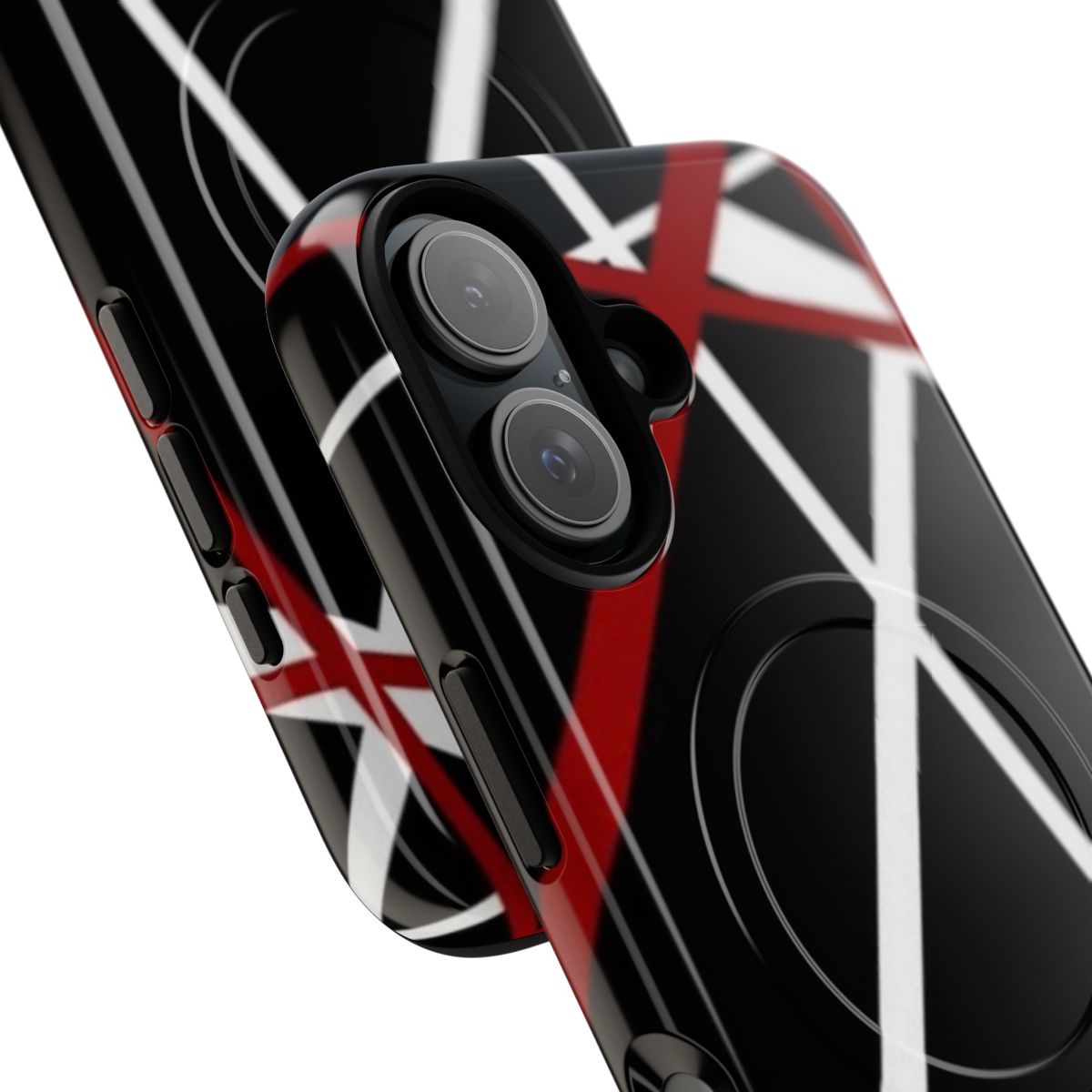 Black phone case with a tough, magnetic design for Van Halen enthusiasts - Detail