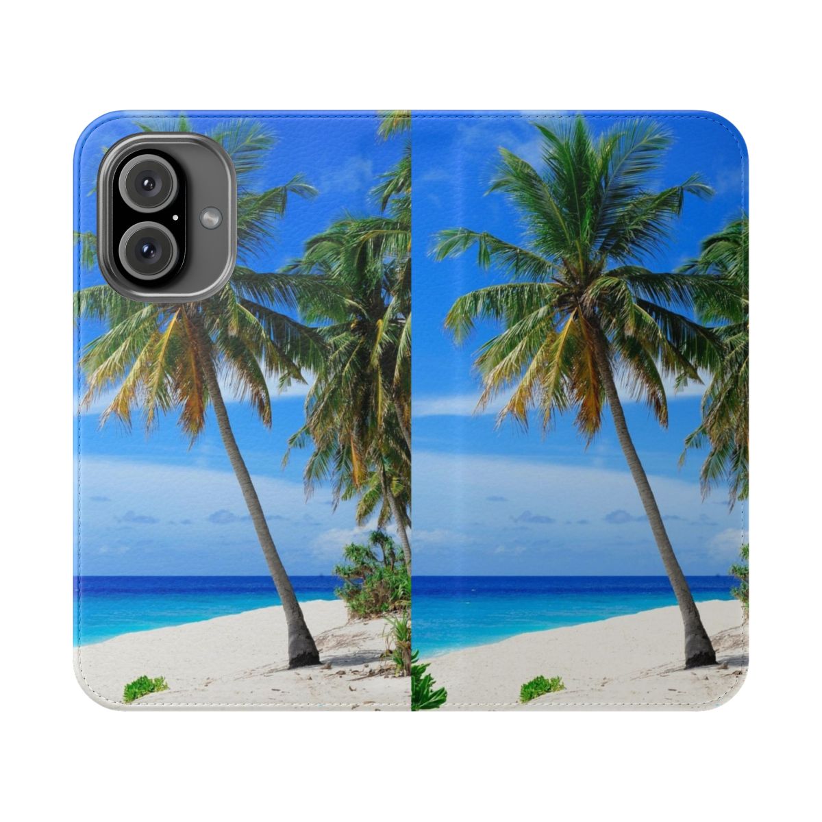 Flip cover phone case featuring a tropical palm tree beach landscape design