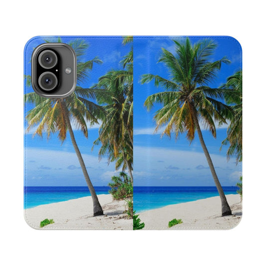 Flip cover phone case featuring a tropical palm tree beach landscape design