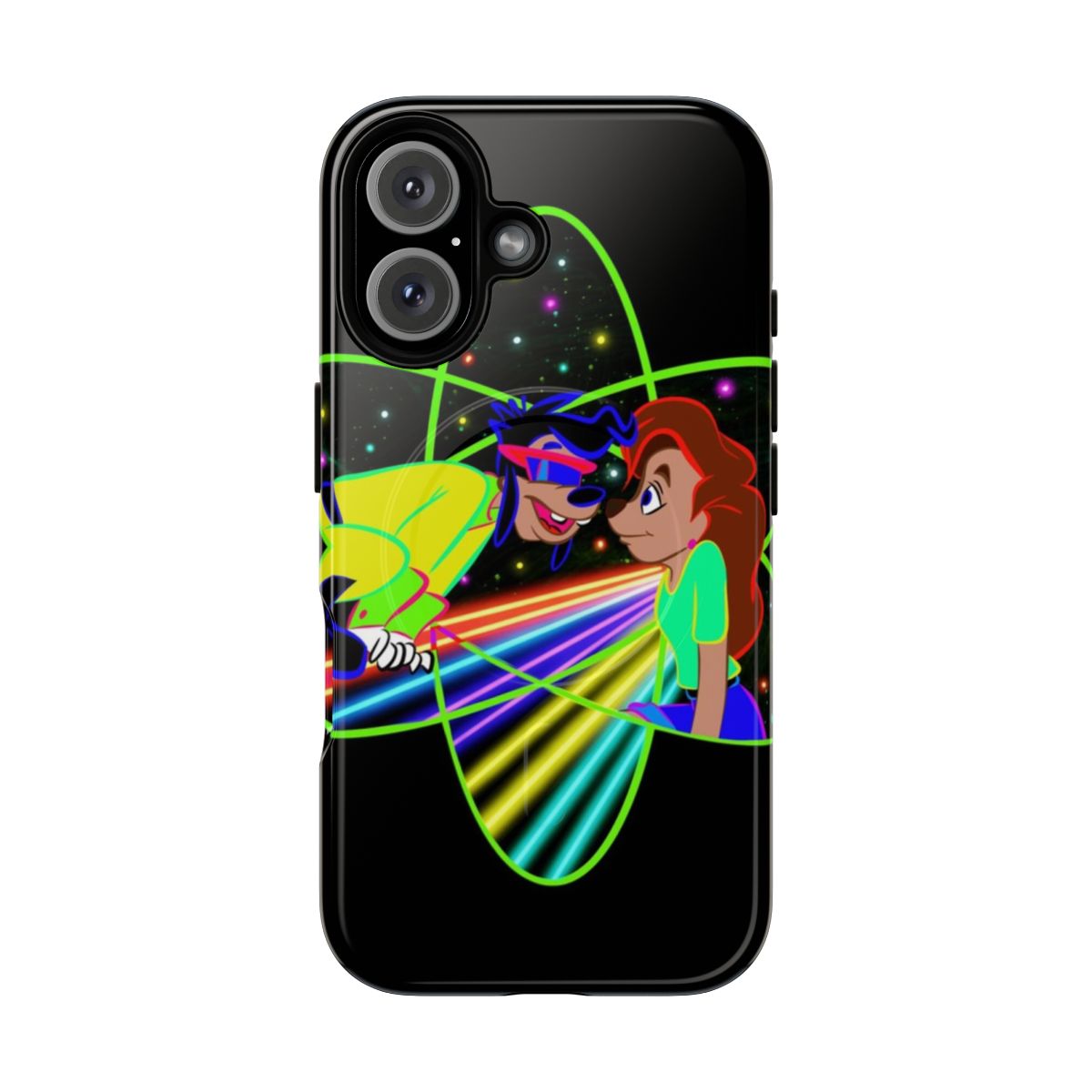 Colorful phone case featuring Max Goof and Roxanne from the 90s cartoon "A Goofy Movie"