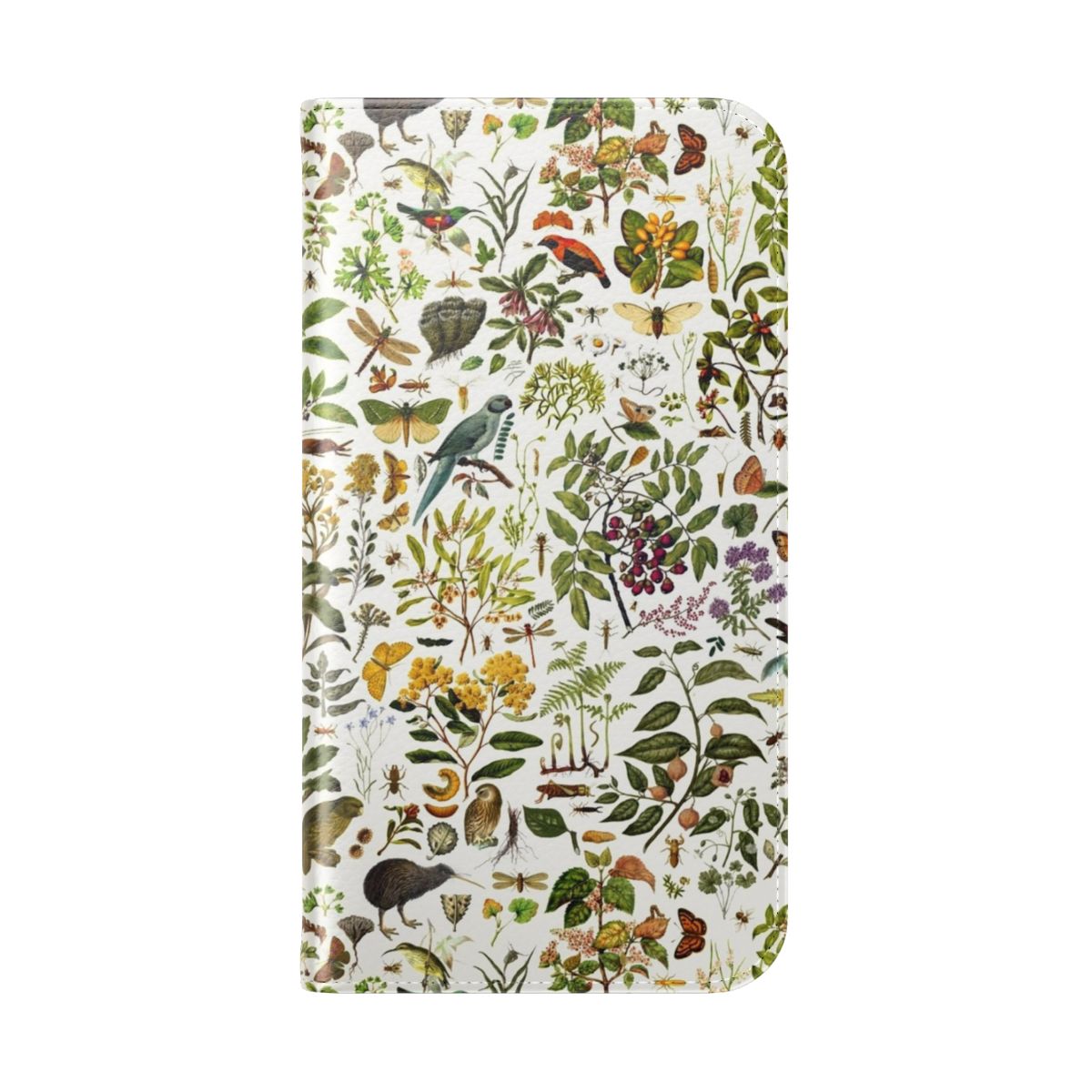 Detailed phone case with a collage of native New Zealand flora and fauna, including butterflies, birds, and intricate botanical elements. - Folded Back