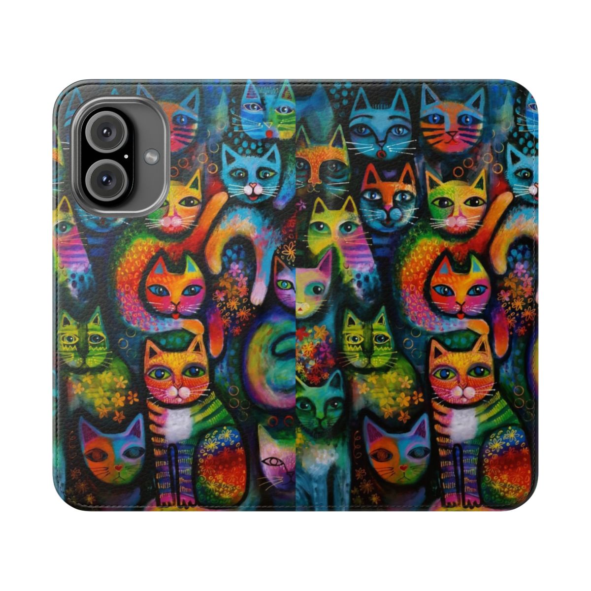 Colorful and whimsical phone case with abstract cat design by artist Karinzeller