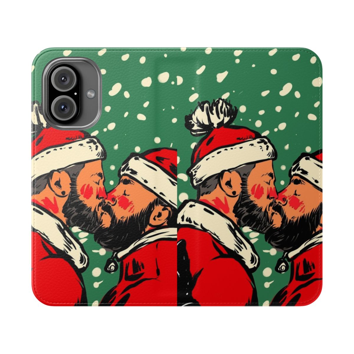 Two bearded men in Santa hats kissing with snow in the background on a flip phone case