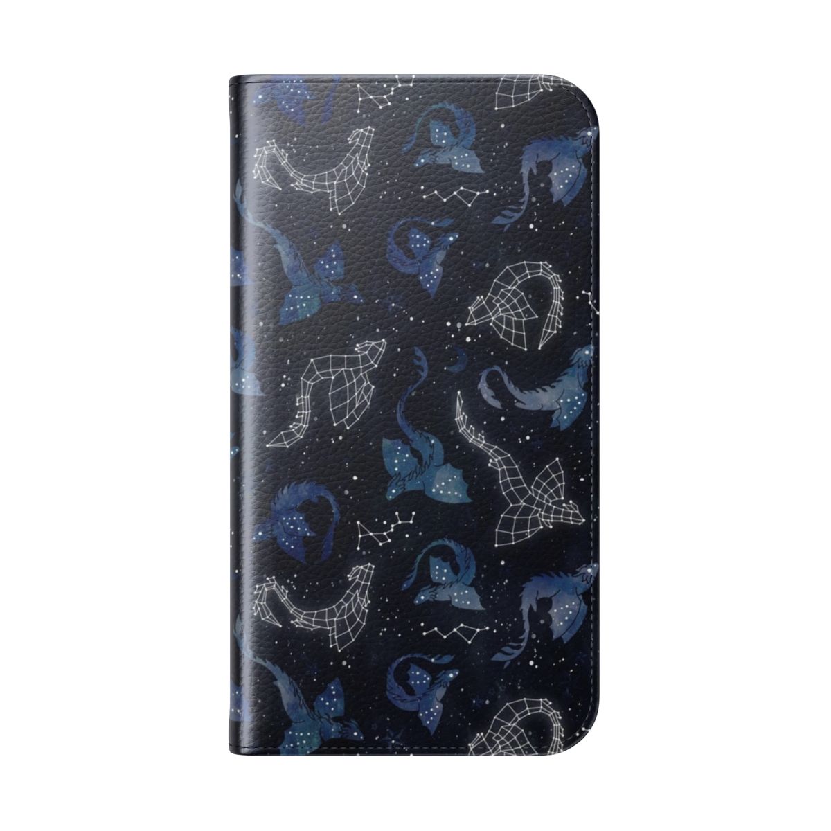 Watercolor illustration of a dragon surrounded by star constellations on a navy blue phone case - Folded Back