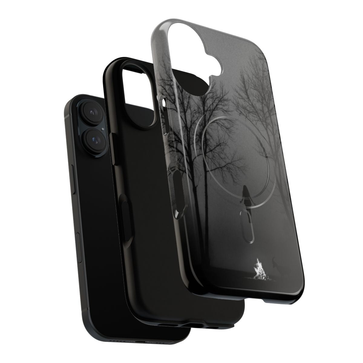 Magnetic phone case featuring a dark, spooky design with a witch, goat, and occult symbols in a wooded setting. - Layers