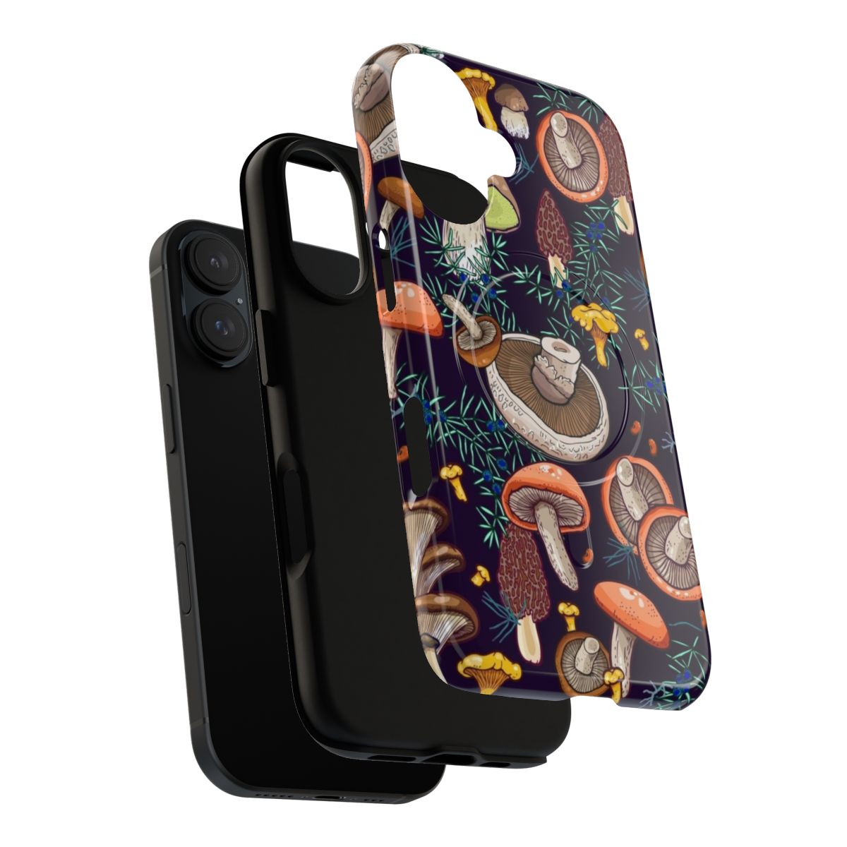 A phone case featuring a dark, dreamy forest scene with fungi, mosses, and other botanical elements - Layers