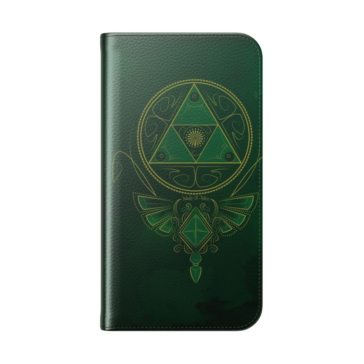 Green Courage inspired fantasy phone case with Japanese symbols and dragon design - Folded Back