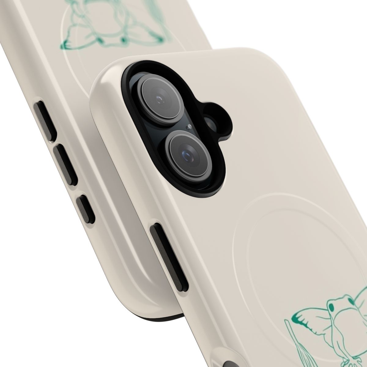 A green phone case featuring a frog design, perfect for nature enthusiasts. - Detail