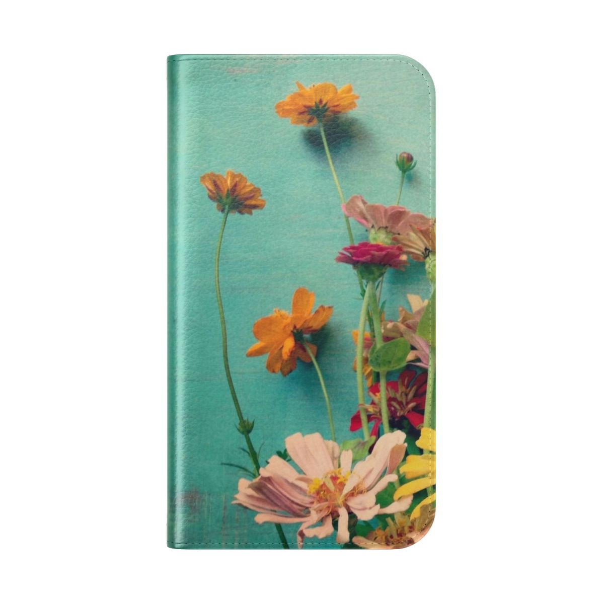 Floral phone case with vintage botanical design featuring cosmos and zinnia flowers in shades of blue and orange - Folded Back