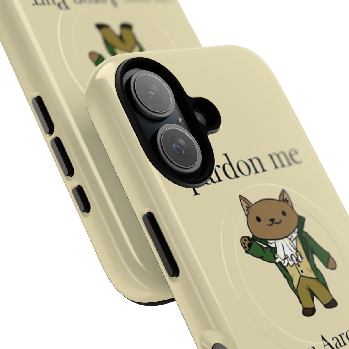 Magnetic tough phone case featuring a cat design inspired by the musical Hamilton - Detail