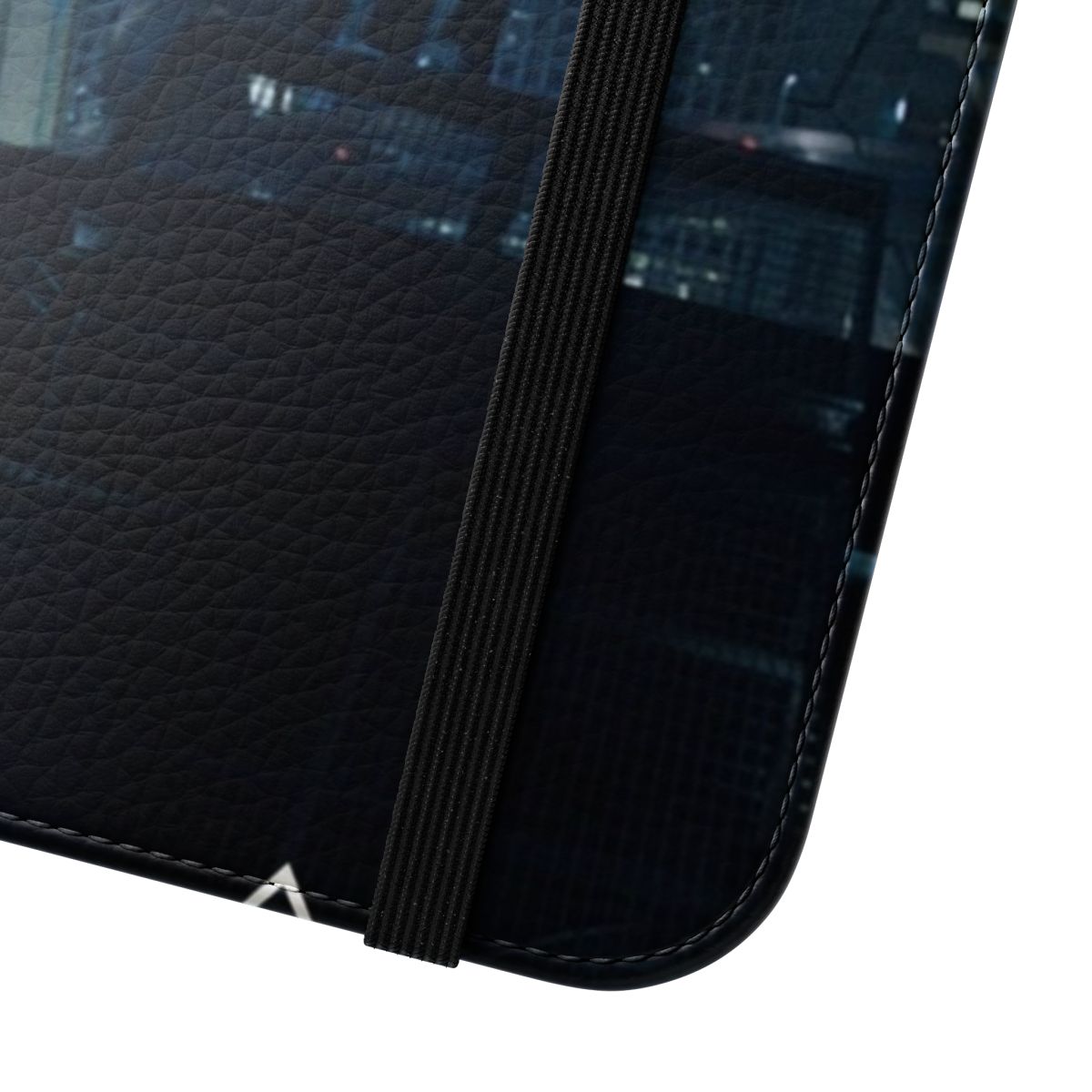 Cyberpunk-themed flip cover phone case featuring a cityscape design inspired by the Ghost in the Shell anime. - Close Up