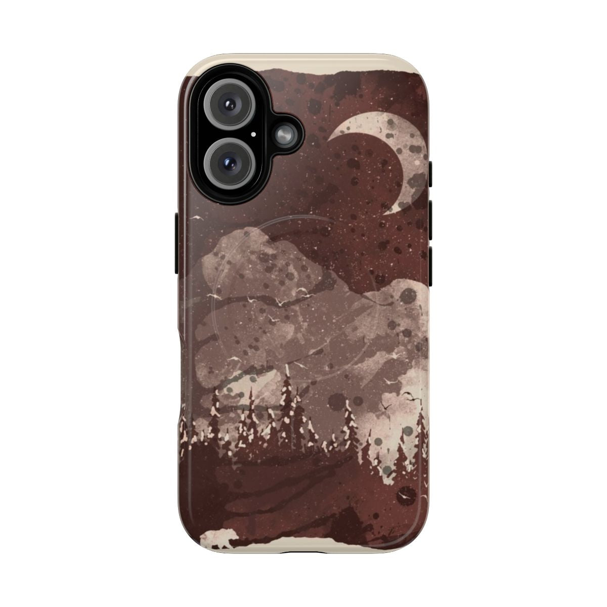 A phone case with a winter bear design in a snowy forest landscape