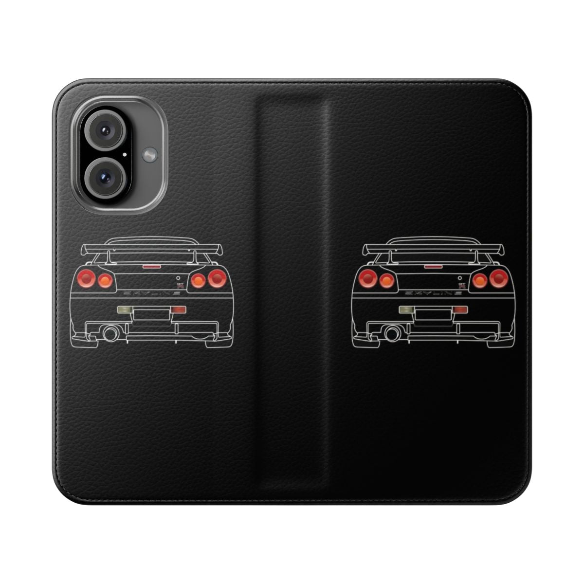 Stylish Nissan GTR R34 inspired phone case with a protective flip cover design.