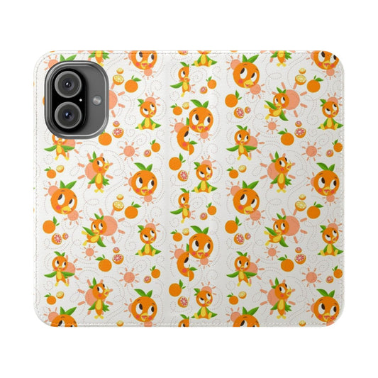 A bright orange bird design on a white background, featured on a flip cover phone case.