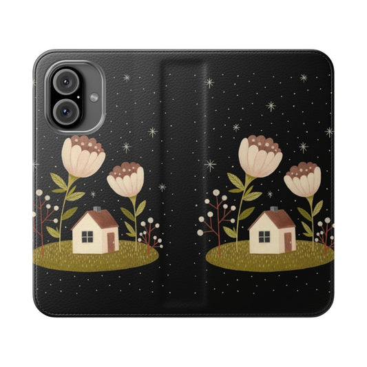 A phone case featuring a whimsical design of a tiny house surrounded by flowers and a starry night sky.