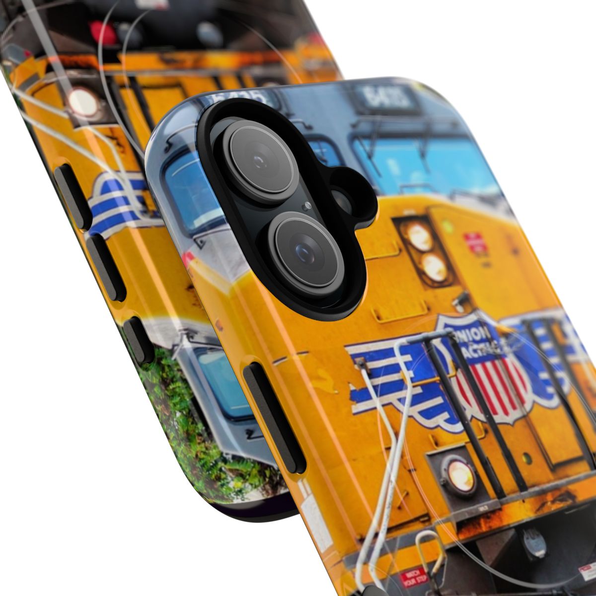 Magnetic phone case featuring a colorful, detailed image of a Union Pacific GE AC4400CW locomotive - Detail