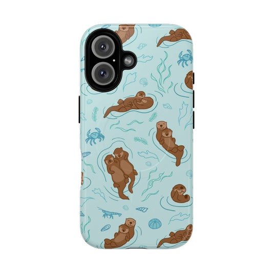 Vibrant turquoise and white silhouette design of a playful sea otter on a phone case