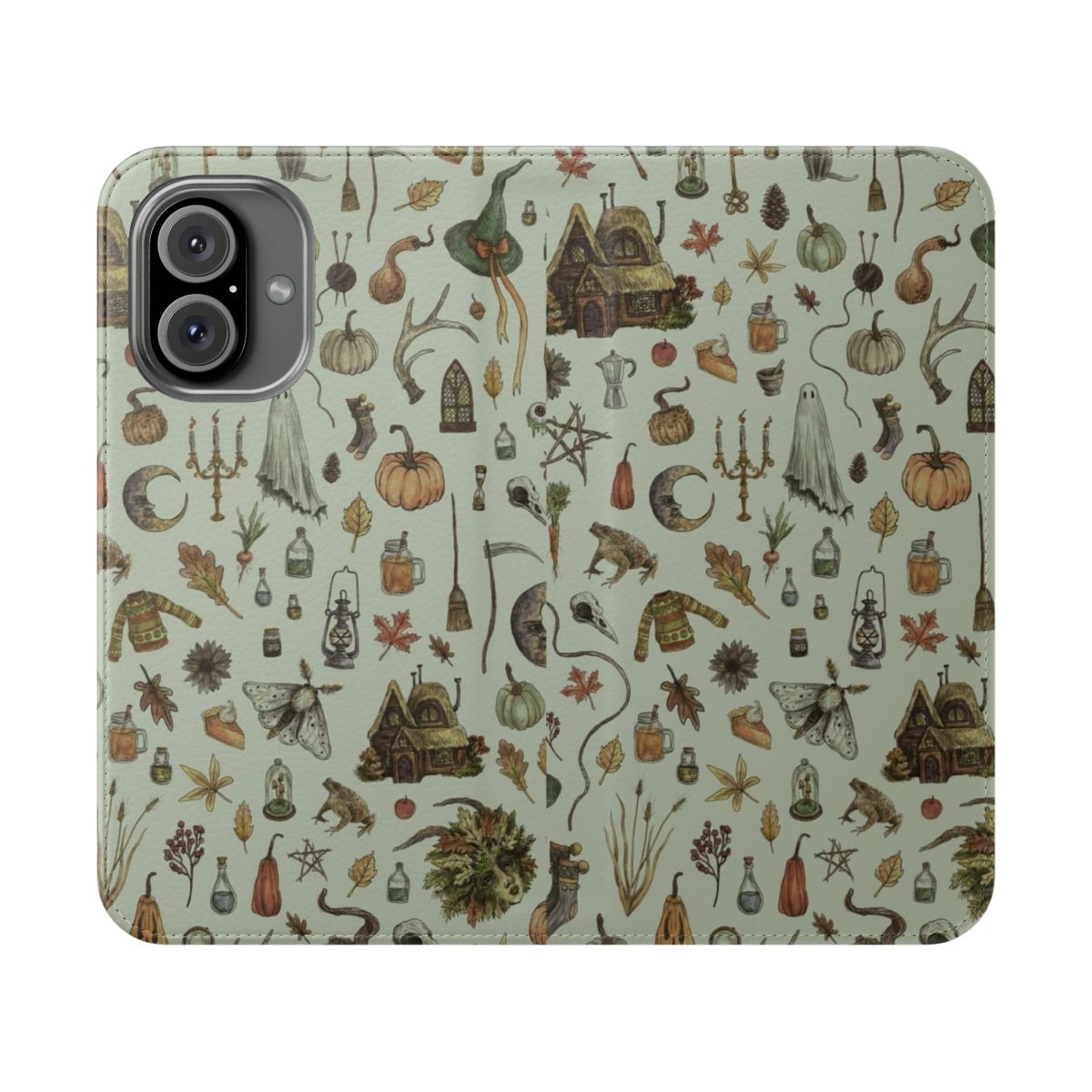 Green Crone Flip Cover Phone Case with Witchy Motifs