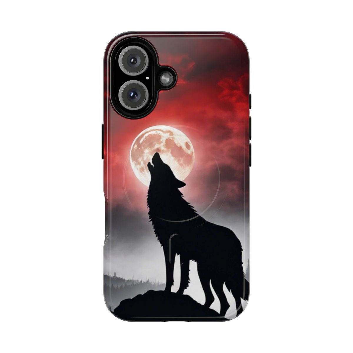 Magnetic phone case featuring a striking blood moon and wolf design