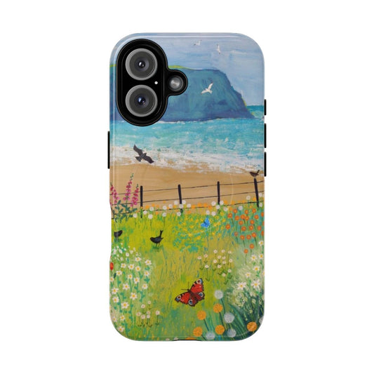 A magnetic phone case featuring a scenic landscape of flowers, gardens, and the sea.