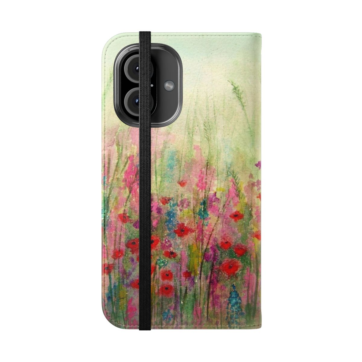 Handmade 'Spring Meadow' watercolor art phone case featuring a colorful meadow landscape with poppies. - Folded Front