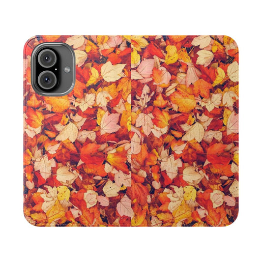 A stylish flip phone case featuring a vibrant autumn leaves design.