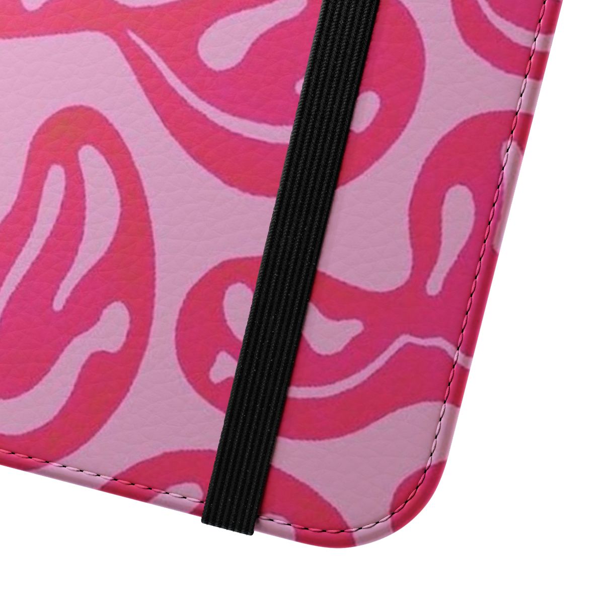 Vibrant hot pink phone case with a psychedelic melted smiley face pattern - Close Up