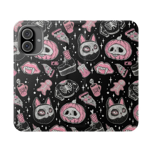 Flip cover phone case with spooky Halloween design featuring pumpkins, skeletons, and horror elements