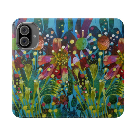 Colorful floral pattern on a phone case with a flip cover