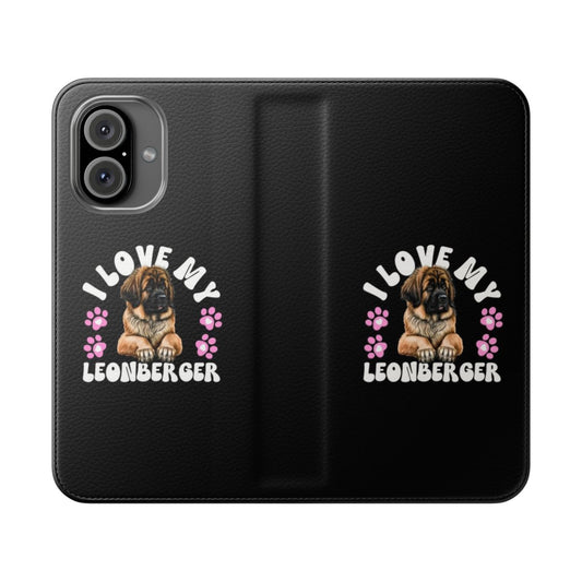 Flip cover phone case with a playful Leonberger dog design