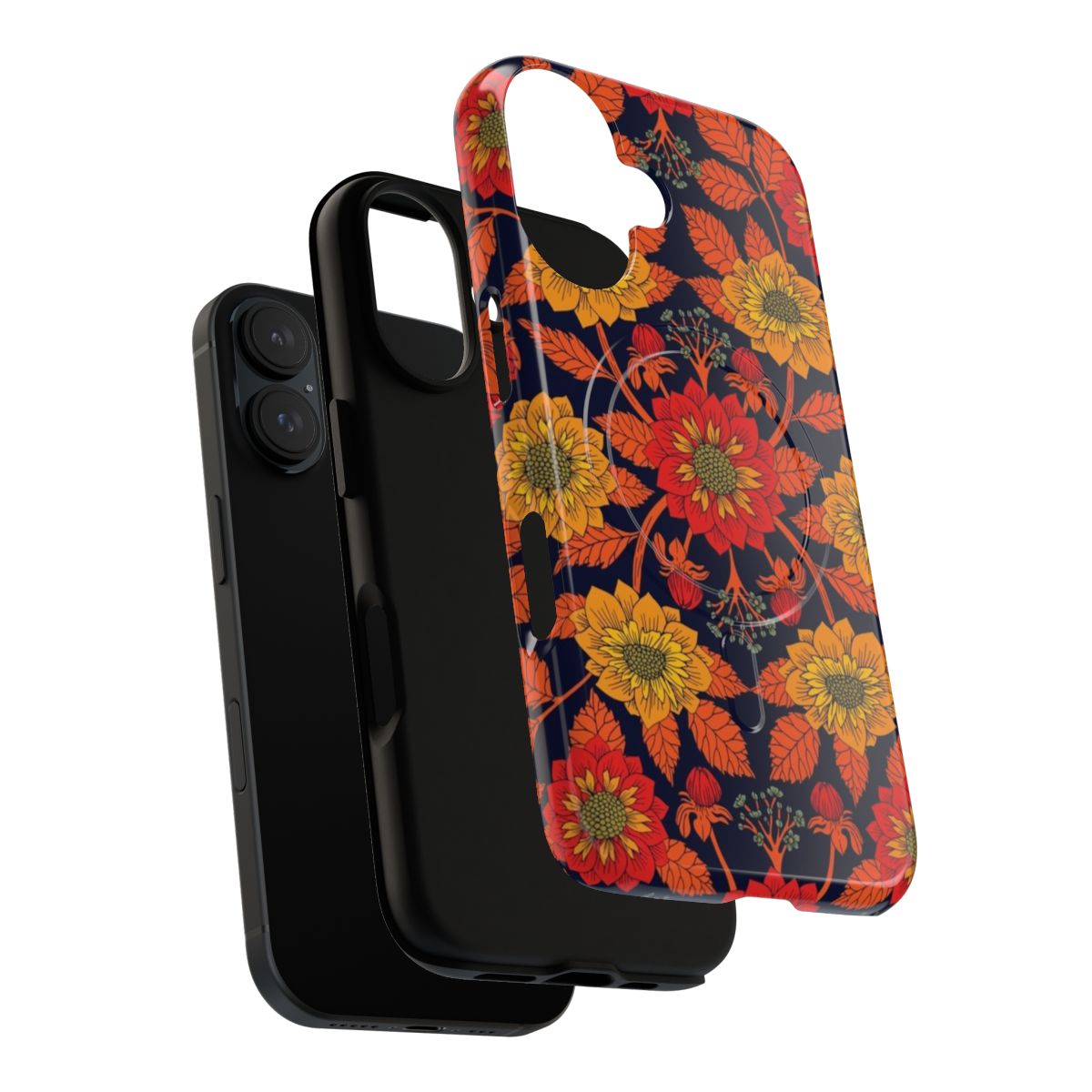 Vibrant yellow, red, orange, blue, and navy floral pattern phone cases - Layers