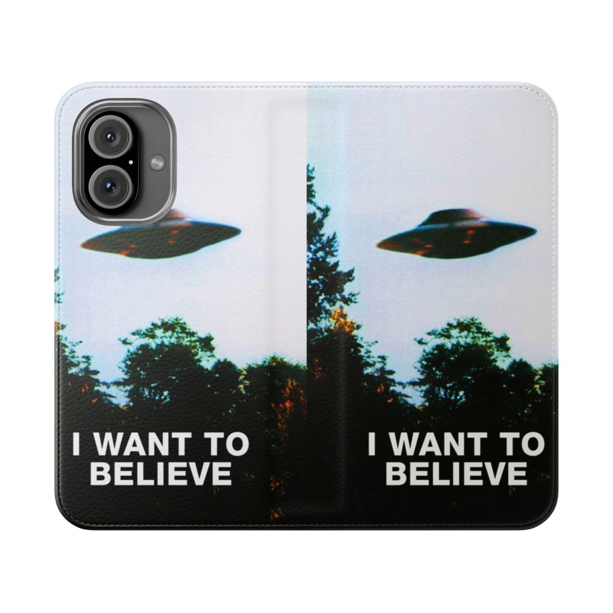 Paranormal-themed phone case with "I Want to Believe" graphic