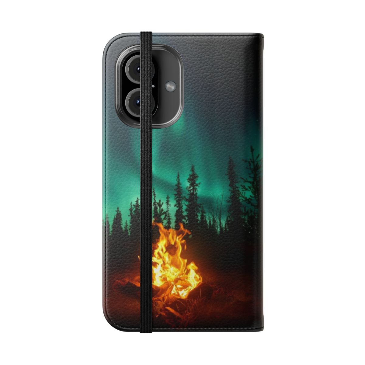 Vibrant Northern Lights and Campfire Inspired Phone Case - Folded Front